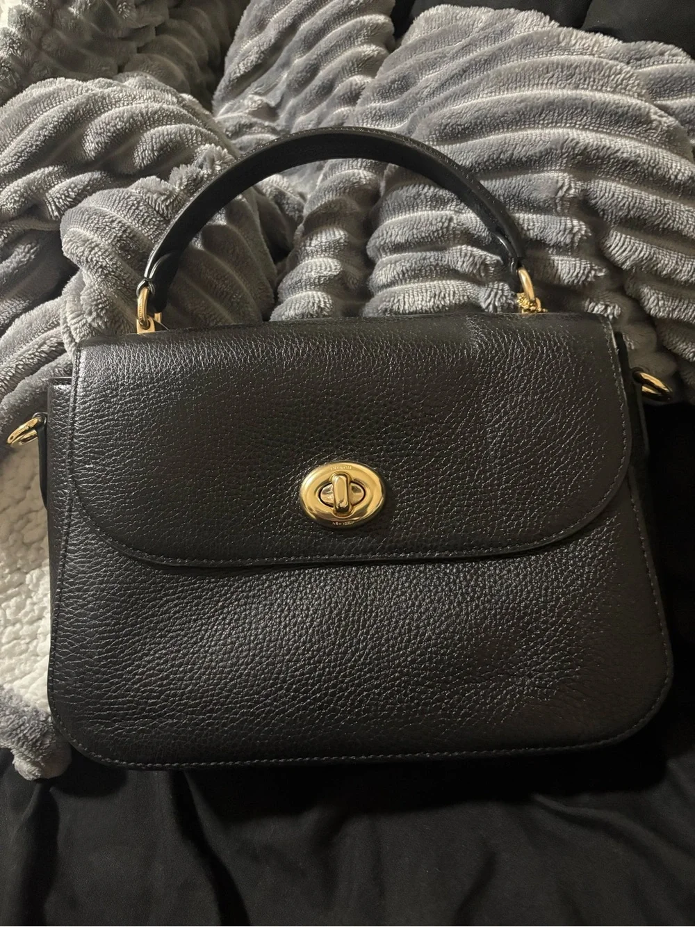 Classic Black Coach Leather Top-Handle Bag with Gold Hardware